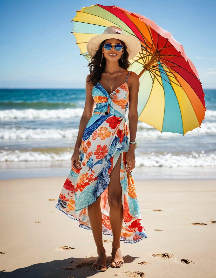 A stylish model standing on a sunlit beach, showcasing a vibrant summer outfit with flowing fabrics, accessorized with a wide-brimmed hat and sunglasses. The ocean waves crash gently in the background, and beach umbrellas add colorful pops in the scene. Incorporate elements like seashells and flip-flops scattered in the sand to enhance the coastal theme. soft focus. bright colors. summer vibe.