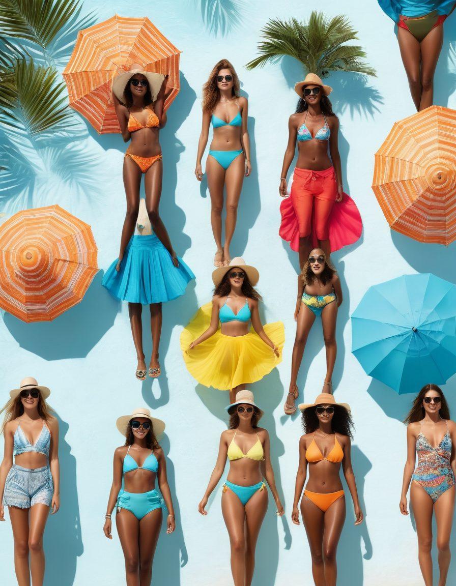 A stylish beach scene featuring a diverse group of individuals showcasing a variety of trendy bikinis and chic resort wear, with colorful beach umbrellas and crystal-clear blue waters in the background. Include accessories like sun hats, sunglasses, and beach bags for added flair. The atmosphere should feel vibrant and inviting, highlighting the joy of summer fashion. super-realistic. vibrant colors. sunny atmosphere.